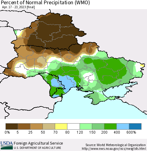 Ukraine, Moldova and Belarus Percent of Normal Precipitation (WMO) Thematic Map For 4/17/2023 - 4/23/2023