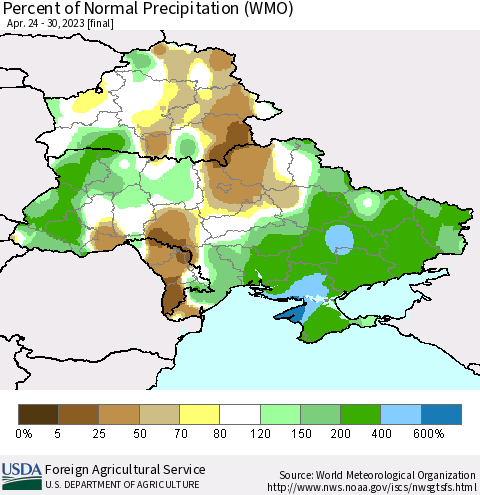 Ukraine, Moldova and Belarus Percent of Normal Precipitation (WMO) Thematic Map For 4/24/2023 - 4/30/2023