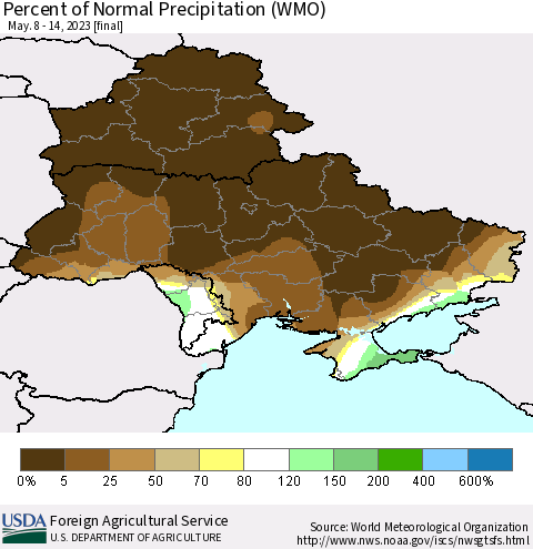 Ukraine, Moldova and Belarus Percent of Normal Precipitation (WMO) Thematic Map For 5/8/2023 - 5/14/2023
