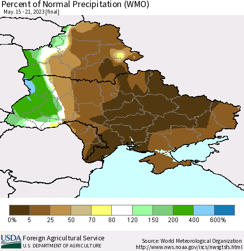 Ukraine, Moldova and Belarus Percent of Normal Precipitation (WMO) Thematic Map For 5/15/2023 - 5/21/2023