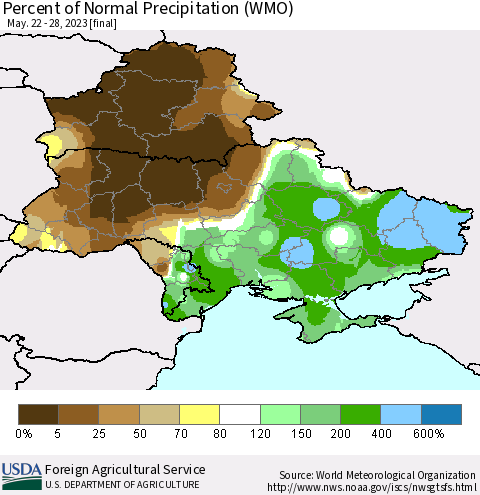 Ukraine, Moldova and Belarus Percent of Normal Precipitation (WMO) Thematic Map For 5/22/2023 - 5/28/2023