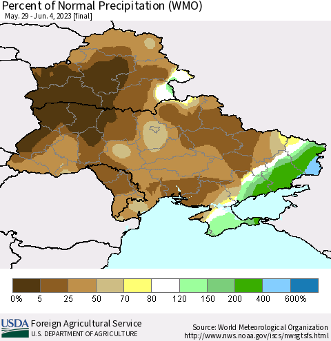 Ukraine, Moldova and Belarus Percent of Normal Precipitation (WMO) Thematic Map For 5/29/2023 - 6/4/2023