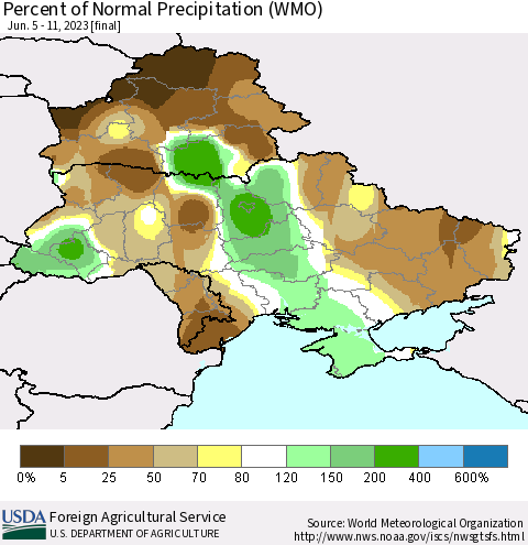 Ukraine, Moldova and Belarus Percent of Normal Precipitation (WMO) Thematic Map For 6/5/2023 - 6/11/2023