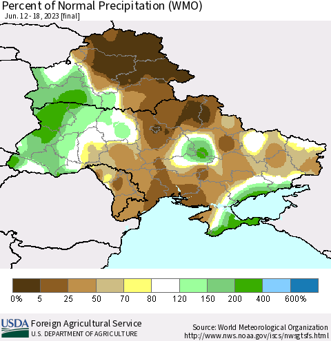Ukraine, Moldova and Belarus Percent of Normal Precipitation (WMO) Thematic Map For 6/12/2023 - 6/18/2023