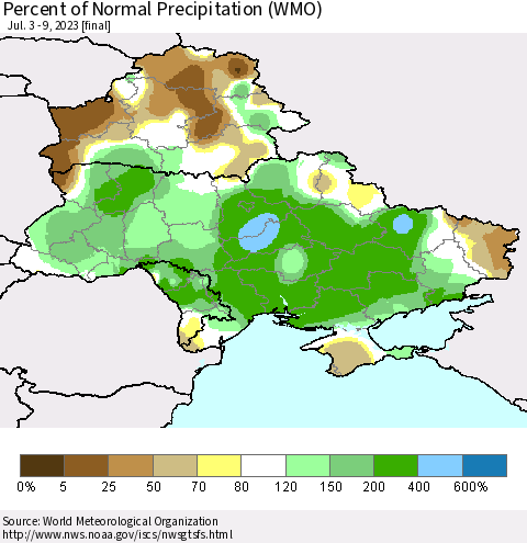 Ukraine, Moldova and Belarus Percent of Normal Precipitation (WMO) Thematic Map For 7/3/2023 - 7/9/2023