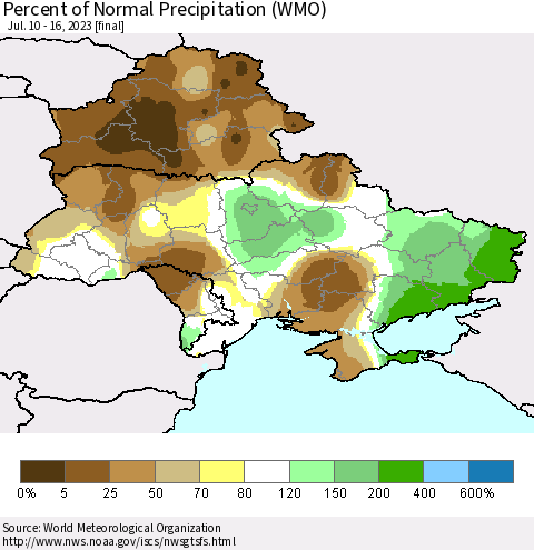 Ukraine, Moldova and Belarus Percent of Normal Precipitation (WMO) Thematic Map For 7/10/2023 - 7/16/2023
