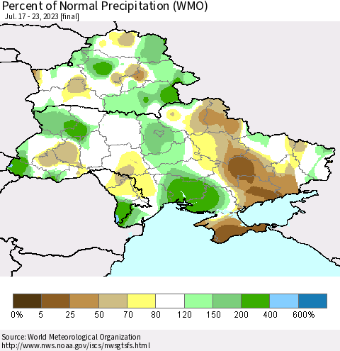 Ukraine, Moldova and Belarus Percent of Normal Precipitation (WMO) Thematic Map For 7/17/2023 - 7/23/2023