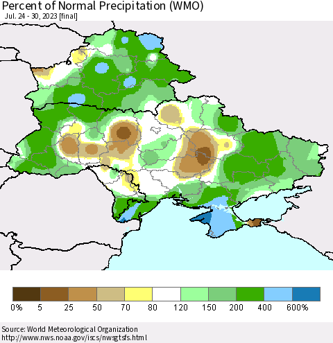 Ukraine, Moldova and Belarus Percent of Normal Precipitation (WMO) Thematic Map For 7/24/2023 - 7/30/2023