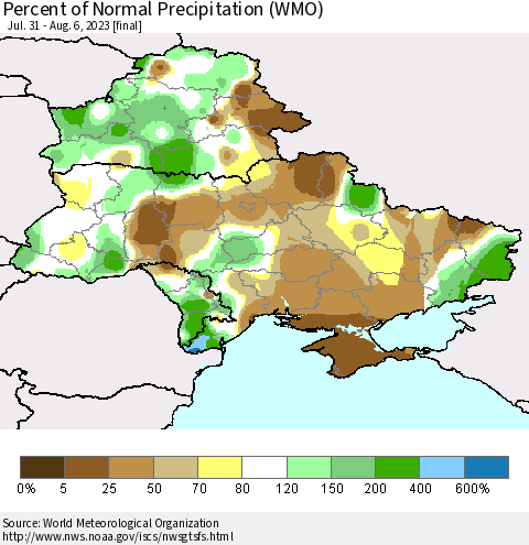 Ukraine, Moldova and Belarus Percent of Normal Precipitation (WMO) Thematic Map For 7/31/2023 - 8/6/2023