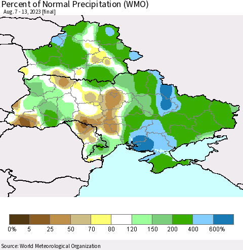 Ukraine, Moldova and Belarus Percent of Normal Precipitation (WMO) Thematic Map For 8/7/2023 - 8/13/2023