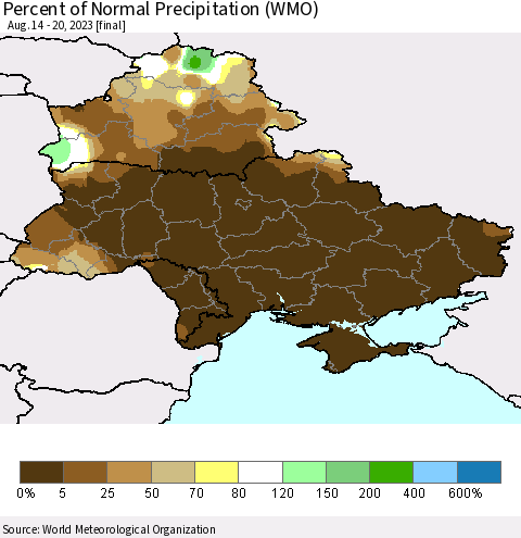 Ukraine, Moldova and Belarus Percent of Normal Precipitation (WMO) Thematic Map For 8/14/2023 - 8/20/2023