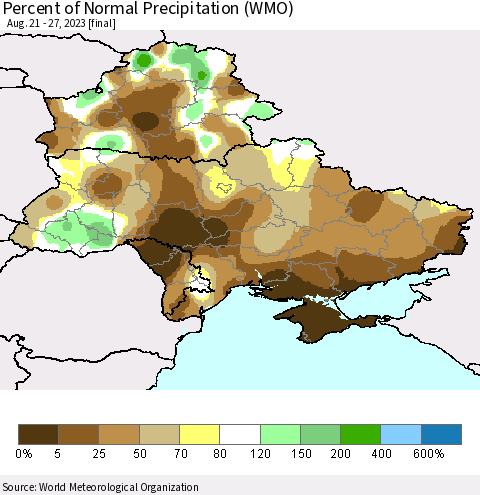 Ukraine, Moldova and Belarus Percent of Normal Precipitation (WMO) Thematic Map For 8/21/2023 - 8/27/2023