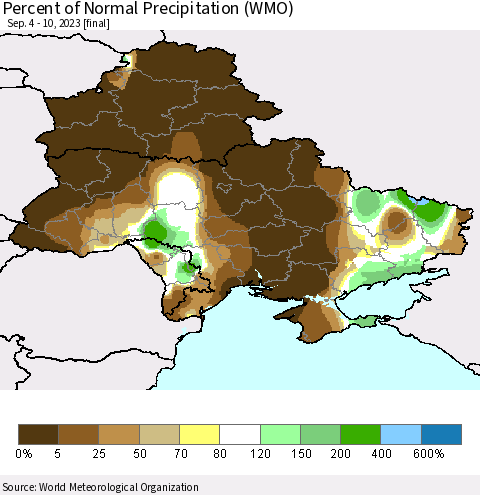 Ukraine, Moldova and Belarus Percent of Normal Precipitation (WMO) Thematic Map For 9/4/2023 - 9/10/2023