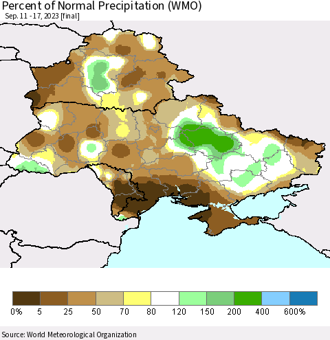Ukraine, Moldova and Belarus Percent of Normal Precipitation (WMO) Thematic Map For 9/11/2023 - 9/17/2023