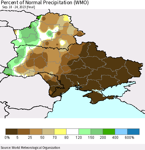 Ukraine, Moldova and Belarus Percent of Normal Precipitation (WMO) Thematic Map For 9/18/2023 - 9/24/2023
