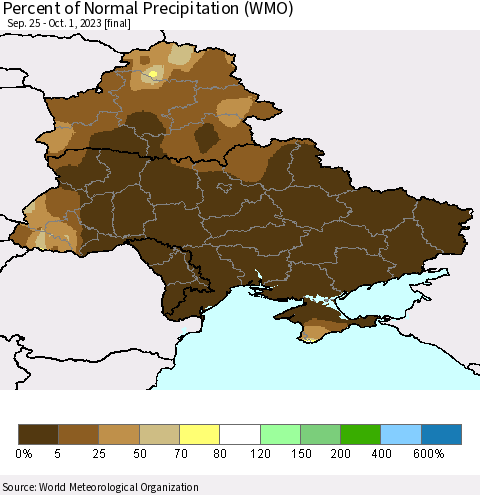 Ukraine, Moldova and Belarus Percent of Normal Precipitation (WMO) Thematic Map For 9/25/2023 - 10/1/2023