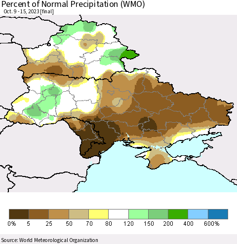 Ukraine, Moldova and Belarus Percent of Normal Precipitation (WMO) Thematic Map For 10/9/2023 - 10/15/2023
