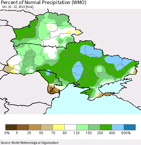 Ukraine, Moldova and Belarus Percent of Normal Precipitation (WMO) Thematic Map For 10/16/2023 - 10/22/2023