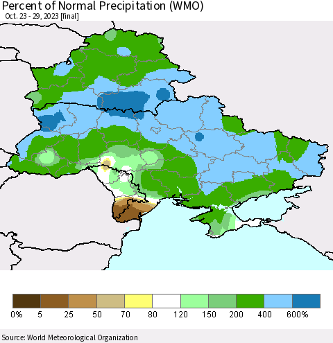 Ukraine, Moldova and Belarus Percent of Normal Precipitation (WMO) Thematic Map For 10/23/2023 - 10/29/2023