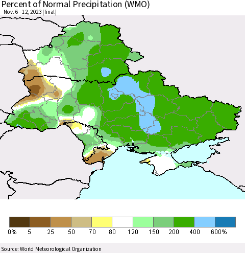Ukraine, Moldova and Belarus Percent of Normal Precipitation (WMO) Thematic Map For 11/6/2023 - 11/12/2023