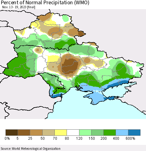 Ukraine, Moldova and Belarus Percent of Normal Precipitation (WMO) Thematic Map For 11/13/2023 - 11/19/2023
