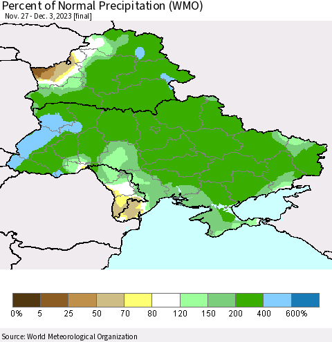 Ukraine, Moldova and Belarus Percent of Normal Precipitation (WMO) Thematic Map For 11/27/2023 - 12/3/2023