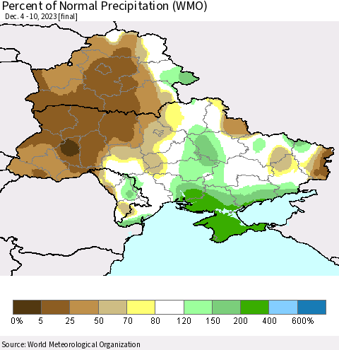 Ukraine, Moldova and Belarus Percent of Normal Precipitation (WMO) Thematic Map For 12/4/2023 - 12/10/2023