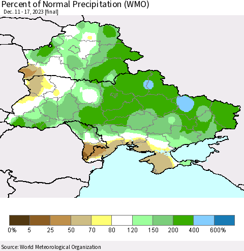 Ukraine, Moldova and Belarus Percent of Normal Precipitation (WMO) Thematic Map For 12/11/2023 - 12/17/2023
