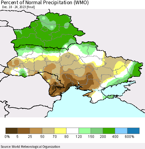 Ukraine, Moldova and Belarus Percent of Normal Precipitation (WMO) Thematic Map For 12/18/2023 - 12/24/2023
