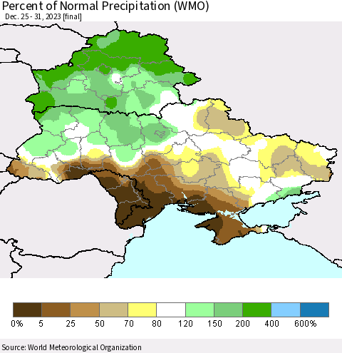 Ukraine, Moldova and Belarus Percent of Normal Precipitation (WMO) Thematic Map For 12/25/2023 - 12/31/2023