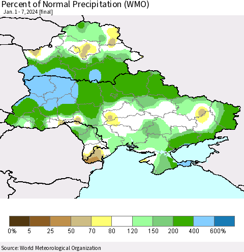 Ukraine, Moldova and Belarus Percent of Normal Precipitation (WMO) Thematic Map For 1/1/2024 - 1/7/2024