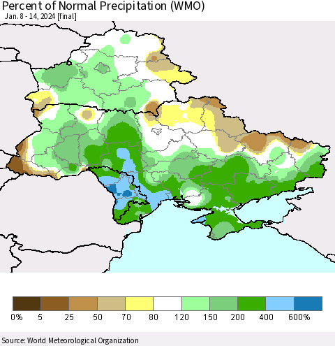 Ukraine, Moldova and Belarus Percent of Normal Precipitation (WMO) Thematic Map For 1/8/2024 - 1/14/2024