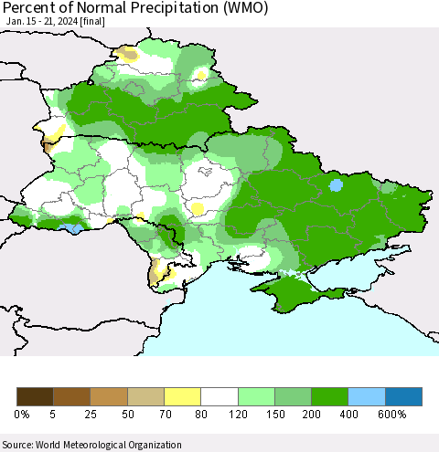 Ukraine, Moldova and Belarus Percent of Normal Precipitation (WMO) Thematic Map For 1/15/2024 - 1/21/2024