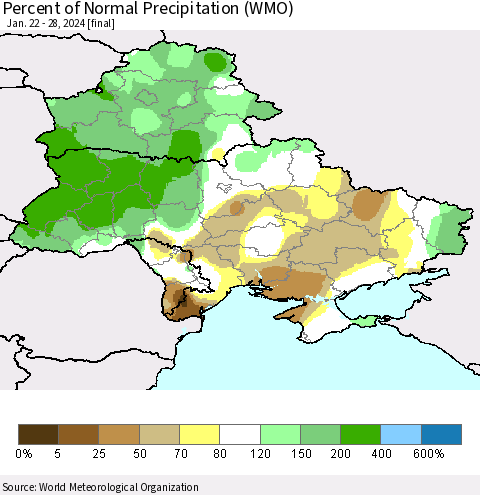 Ukraine, Moldova and Belarus Percent of Normal Precipitation (WMO) Thematic Map For 1/22/2024 - 1/28/2024