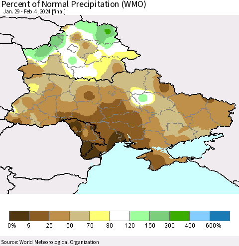 Ukraine, Moldova and Belarus Percent of Normal Precipitation (WMO) Thematic Map For 1/29/2024 - 2/4/2024