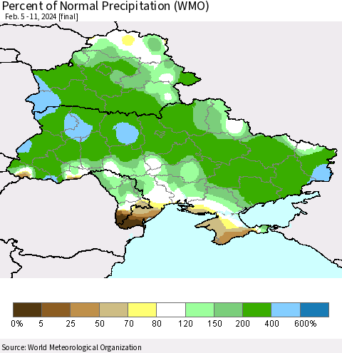 Ukraine, Moldova and Belarus Percent of Normal Precipitation (WMO) Thematic Map For 2/5/2024 - 2/11/2024