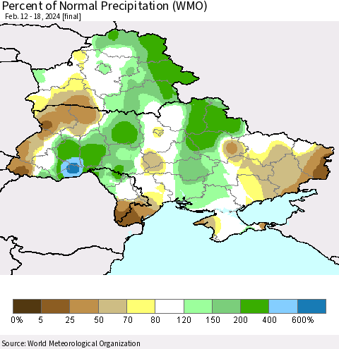 Ukraine, Moldova and Belarus Percent of Normal Precipitation (WMO) Thematic Map For 2/12/2024 - 2/18/2024