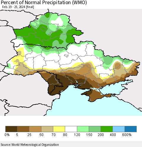 Ukraine, Moldova and Belarus Percent of Normal Precipitation (WMO) Thematic Map For 2/19/2024 - 2/25/2024
