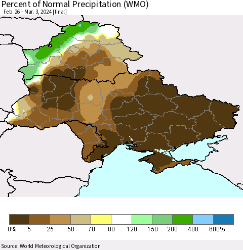 Ukraine, Moldova and Belarus Percent of Normal Precipitation (WMO) Thematic Map For 2/26/2024 - 3/3/2024