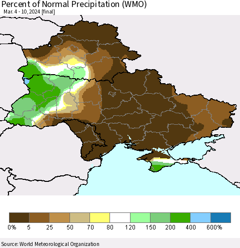 Ukraine, Moldova and Belarus Percent of Normal Precipitation (WMO) Thematic Map For 3/4/2024 - 3/10/2024