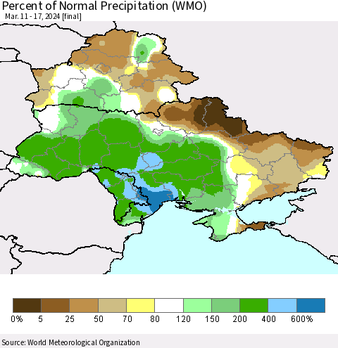 Ukraine, Moldova and Belarus Percent of Normal Precipitation (WMO) Thematic Map For 3/11/2024 - 3/17/2024