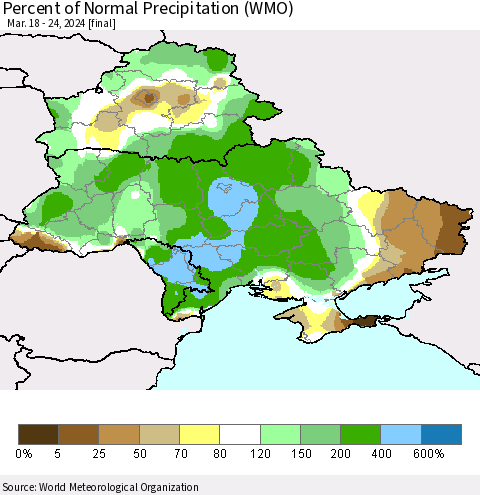 Ukraine, Moldova and Belarus Percent of Normal Precipitation (WMO) Thematic Map For 3/18/2024 - 3/24/2024