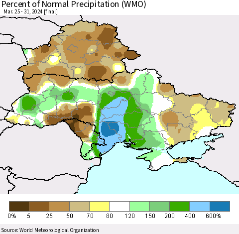 Ukraine, Moldova and Belarus Percent of Normal Precipitation (WMO) Thematic Map For 3/25/2024 - 3/31/2024