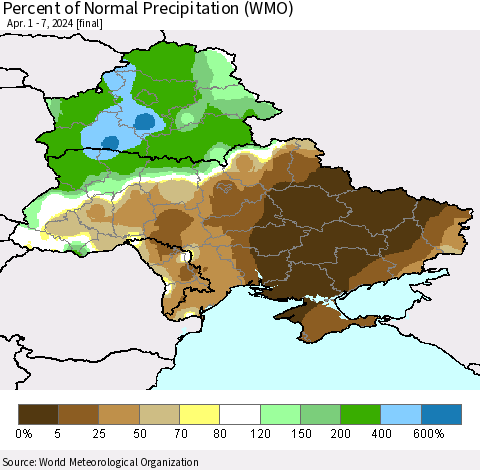Ukraine, Moldova and Belarus Percent of Normal Precipitation (WMO) Thematic Map For 4/1/2024 - 4/7/2024