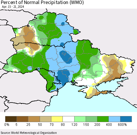 Ukraine, Moldova and Belarus Percent of Normal Precipitation (WMO) Thematic Map For 4/15/2024 - 4/21/2024