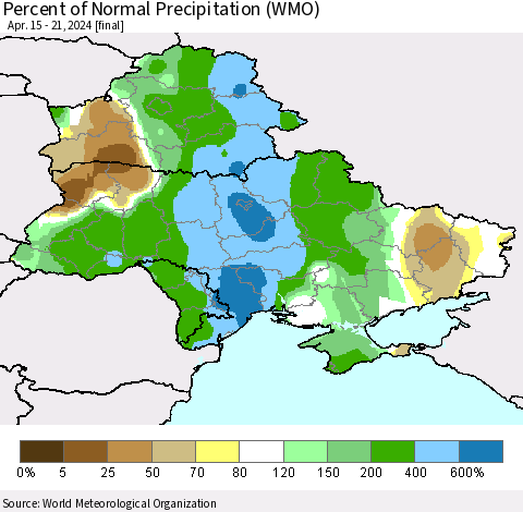 Ukraine, Moldova and Belarus Percent of Normal Precipitation (WMO) Thematic Map For 4/15/2024 - 4/21/2024