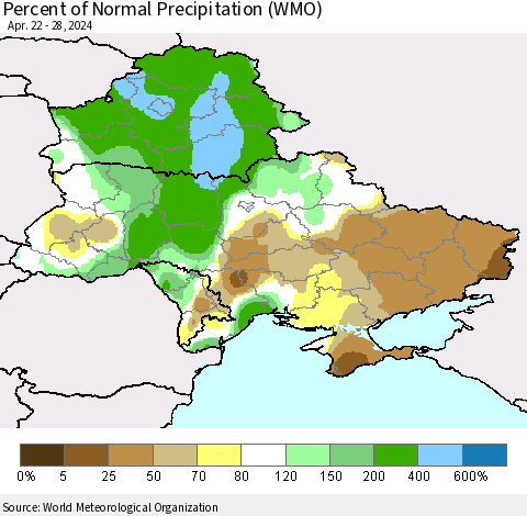 Ukraine, Moldova and Belarus Percent of Normal Precipitation (WMO) Thematic Map For 4/22/2024 - 4/28/2024