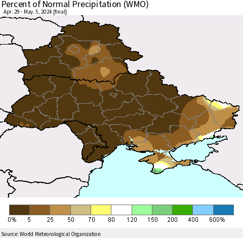 Ukraine, Moldova and Belarus Percent of Normal Precipitation (WMO) Thematic Map For 4/29/2024 - 5/5/2024