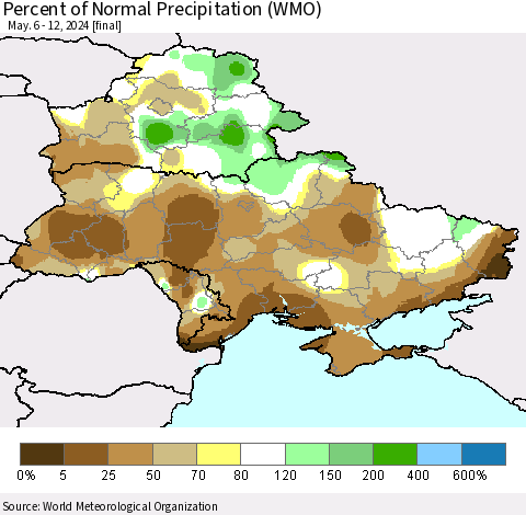 Ukraine, Moldova and Belarus Percent of Normal Precipitation (WMO) Thematic Map For 5/6/2024 - 5/12/2024