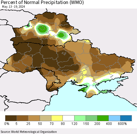 Ukraine, Moldova and Belarus Percent of Normal Precipitation (WMO) Thematic Map For 5/13/2024 - 5/19/2024